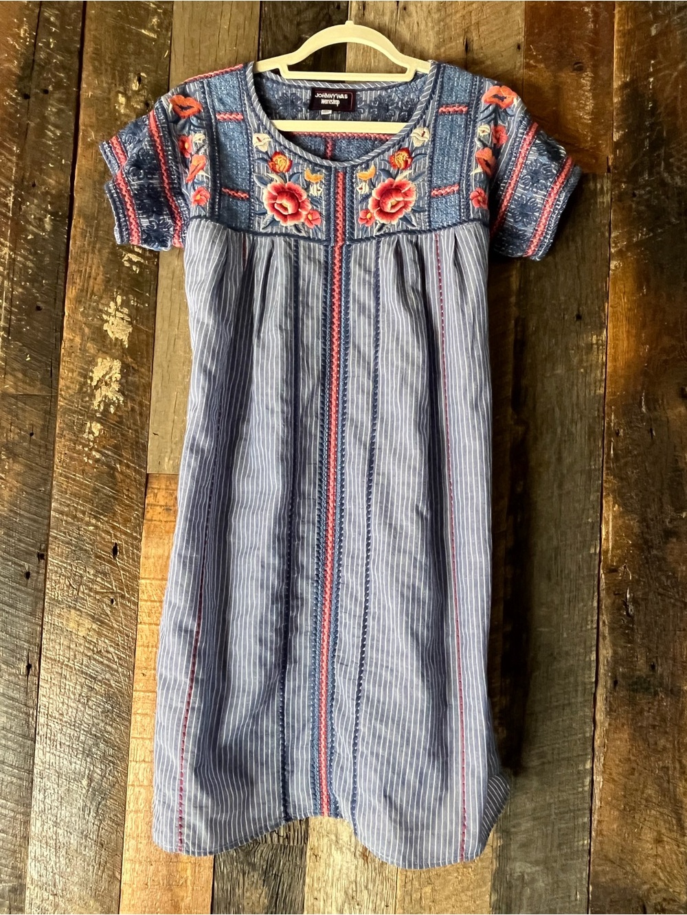 Johnny Was Blue Striped Dress with red and pink floral embroidery XS - worn once